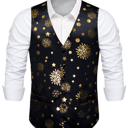 DOCAPEITON Men'S Christmas Vest - Formal & Casual Holiday Party Outfit with Button Front Closure, Non-Stretch Fabric - Green & Golden Snowflake, Tree, Firework Designs - Perfect for Xmas, New Year's, Weddings - Adult Men'S Fe
