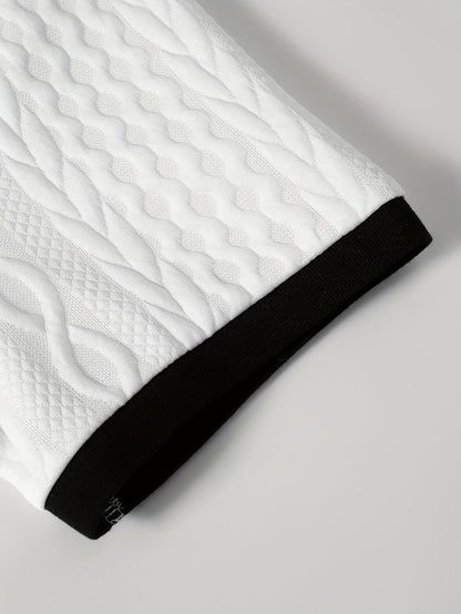 Summer Breathable Italian-style Color-blocked Light-mature Trendy Men's Shirt with V-neck, Slight Stretch, Jacquard Texture, Slim-fit Short Sleeves, Knitted - ayq