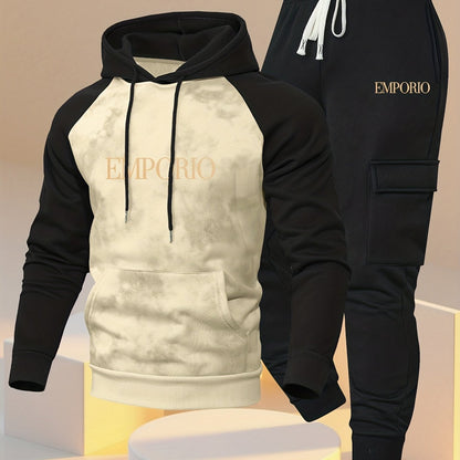New Trendy Fashion Raglan Sleeve Colorblock Hoodie and Loose Cuffed Drawstring Cargo Pants with Multiple Pockets, Casual Daily Comfortable Versatile Breathable Hooded Sweatshirt and Loose Long Pants 2pcs Set with Stylish Prin