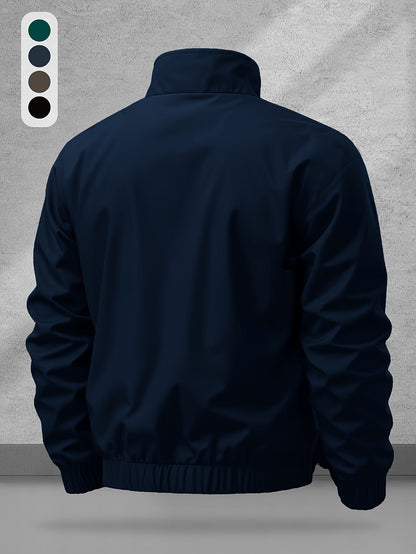 Men's Casual Polyester Jacket with Stand Collar and Zipper