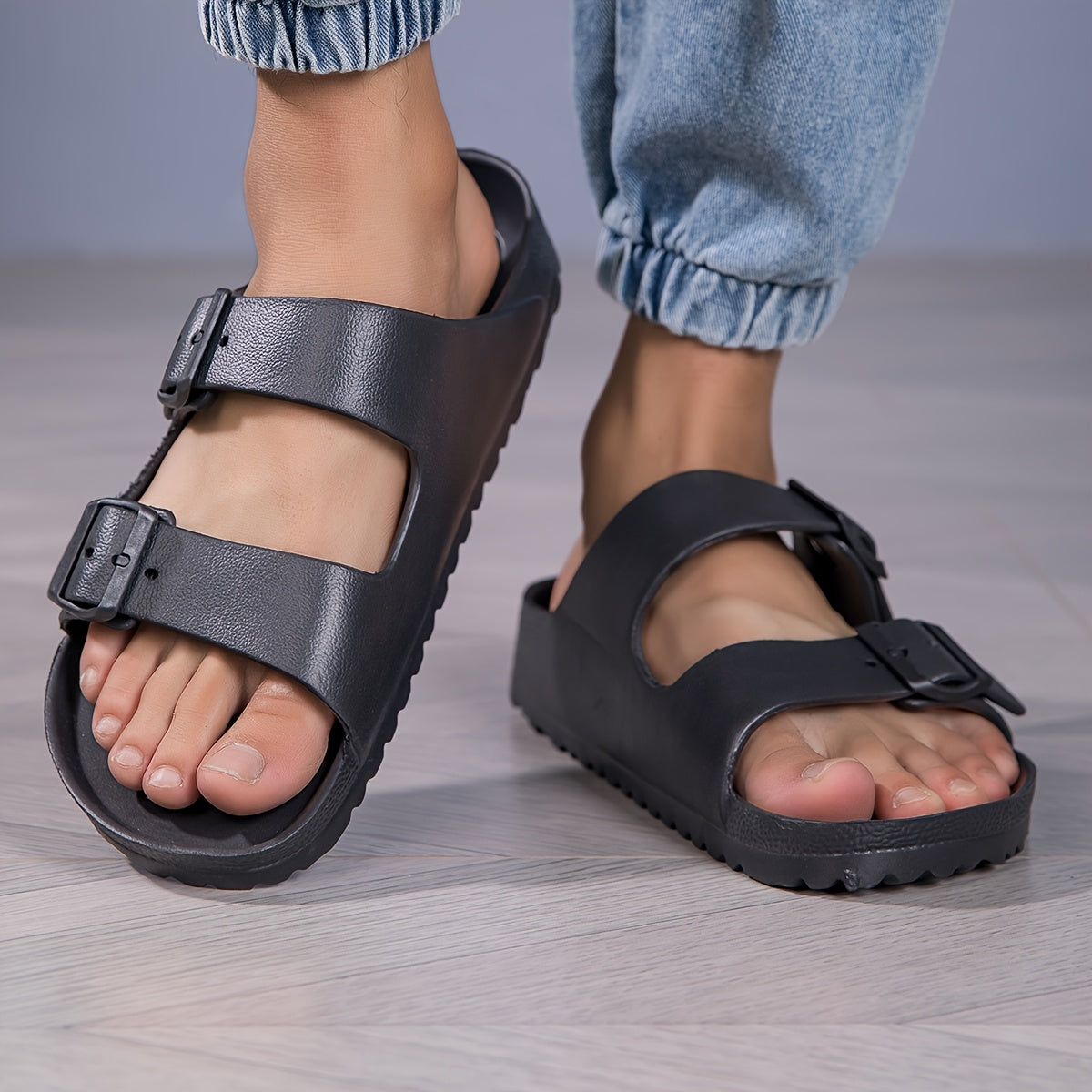 Men's Casual Slide Sandals with Dual Adjustable Buckles