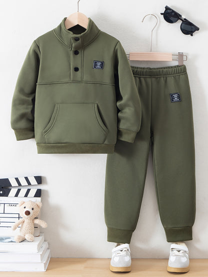 Boys' Cozy Fleece-Lined Hoodie & Sweatpants Set - Olive Green Casual Winter Outfit with Pockets, Thick Warmth for Fall & Winter, Regular Fit, Casual Attire, for Outdoor