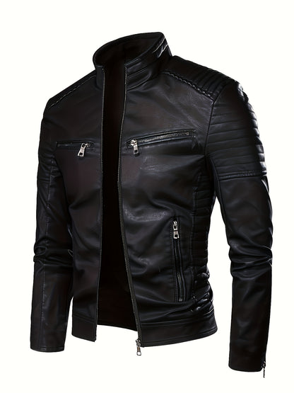 Men's Black Quilted Faux Leather Biker Jacket with Stand Collar
