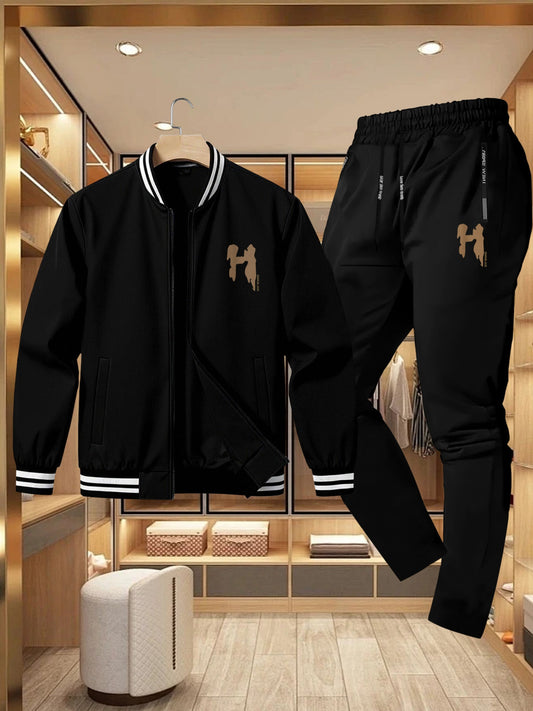 Men's Casual Sportswear Set with Brown Geometric Jacket & Pants