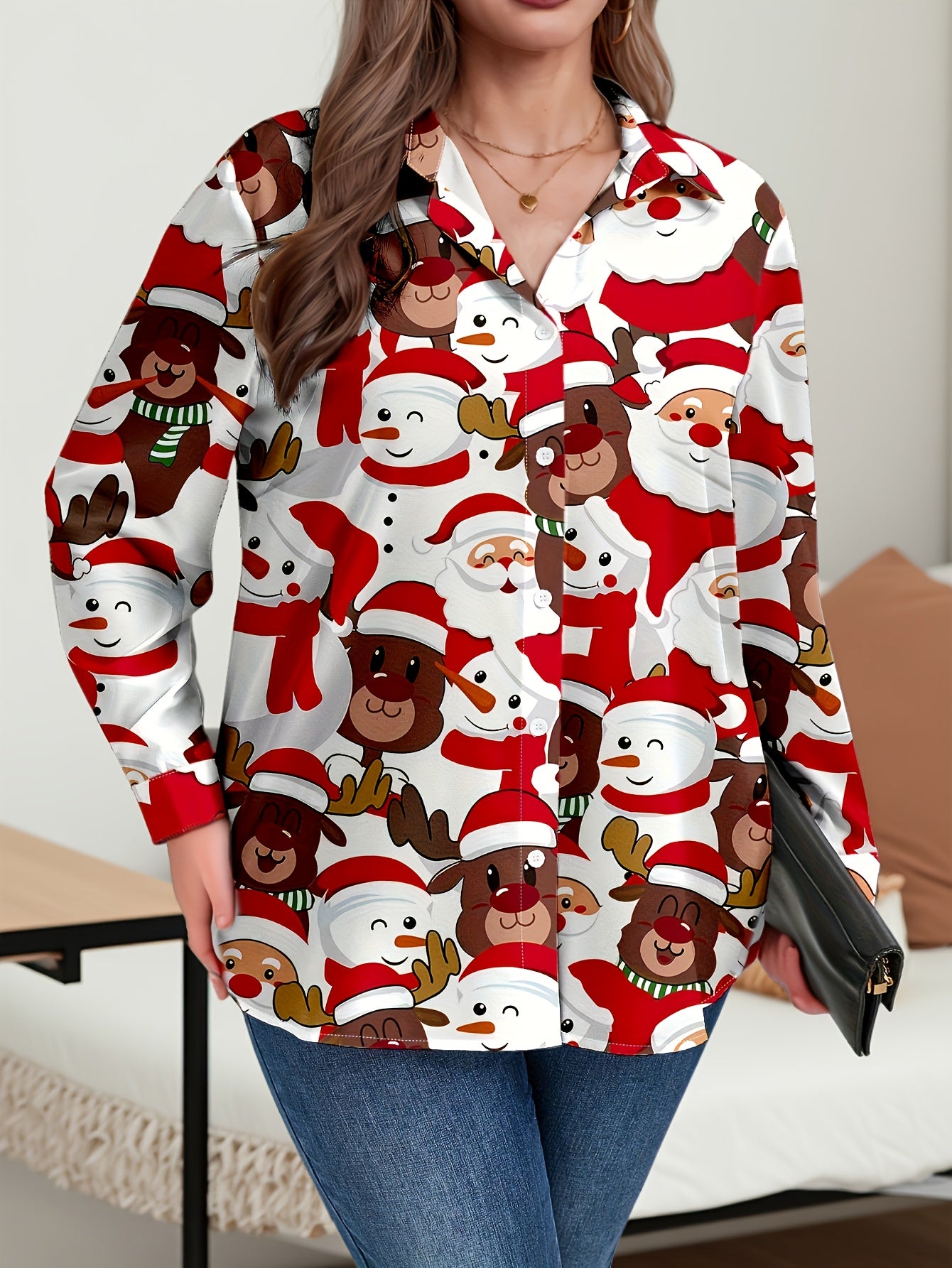Plus Size, Women's Plus Size Winter Deer & Moose Print Blouse - Long Sleeve Christmas Party Shirt with Collar & Button Front, Red & Black Nordic Winter Pattern, Machine Washable Elegant Casual Holiday Outfits for Christmas &