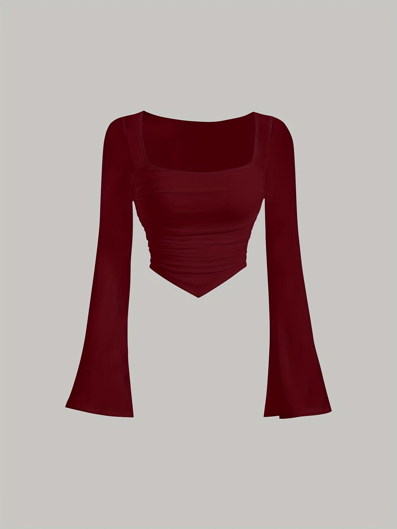 Women'S Elegant Square Neck Solid Color T-Shirt, Polyester Knit Fabric, Short Length, Stretchy Slim Fit, Spring/Fall Fashion Top
