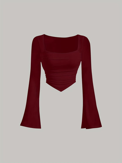 Women'S Elegant Square Neck Solid Color T-Shirt, Polyester Knit Fabric, Short Length, Stretchy Slim Fit, Spring/Fall Fashion Top