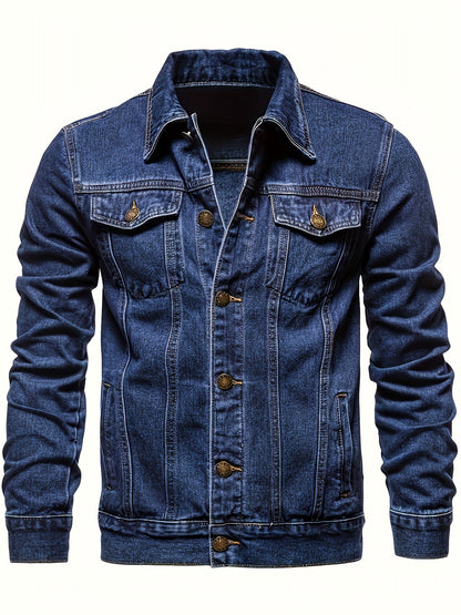 Men's Chic Washed Denim Jacket, Casual Street Style Button Up Contrast Stitching Jacket For Fall Winter