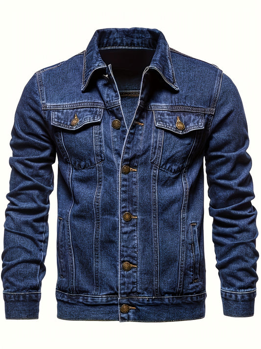 Men's Chic Washed Denim Jacket, Casual Street Style Button Up Contrast Stitching Jacket For Fall Winter