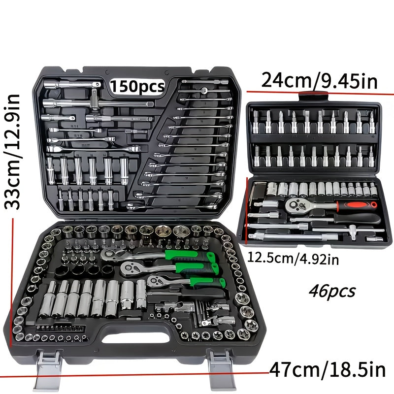 150/46pcs Professional All-in-One Auto Repair Tool Set Compatible for European- Heavy-Duty Alloy Metal Toolbox with Ratchet Torque Wrench, Hex Bit Screwdriver Kit, Multi-Size Car Mechanic Tool Kit for DIY& Professional Mechan