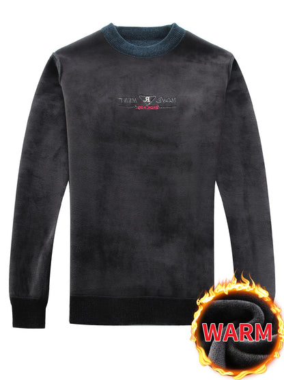 Temujin Men'S Winter Round Neck Sweater with Fleece, Knitted with Embroidered Stripes And Casual Letters for Warmth And a Fitted Style