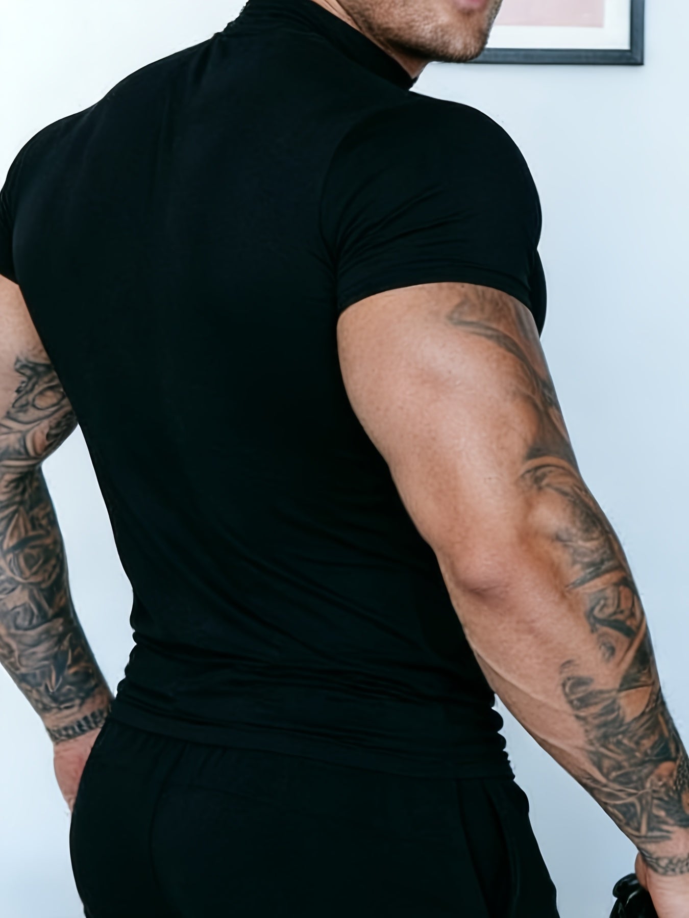 Summer Slim-Fit Stretchy Quick-Dry Running Fitness Short Sleeve Men'S High Neck Casual T-Shirt | Solid Color, Ideal for Sports and Casual Wear - ayq