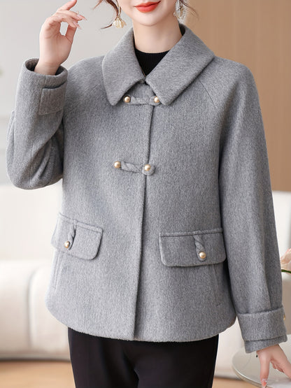 Snow Evening Women's 2025 New Winter Jacket - Short Wool-Blend Tweed Coat for Moms & Seniors, Thickened Warm Collar with Golden Buttons, Elegant Cold-Resistant Outerwear, Hand Washable (Grey/Black) - Professional & Casual Win