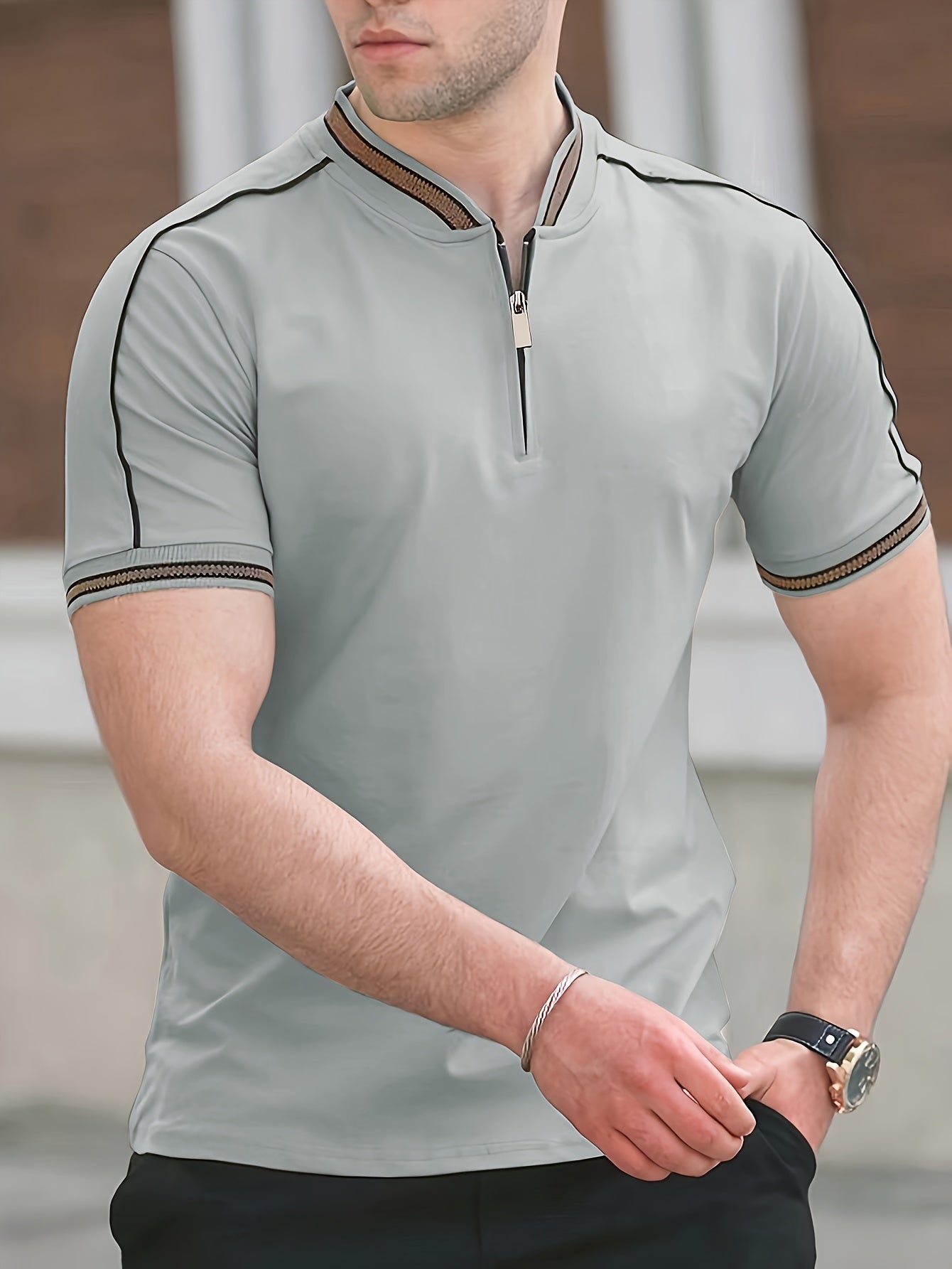 [T-Shirt] Men's Summer Casual Short Sleeve T-Shirt - Breathable Mesh Crew Neck Henley Style Zip Placket, Breathable Fabric, Dry Cleanable Regular Fit Outdoor & Casual Attire, Loose Style, Zip Front Design, Easy Care, Zip Shir - ayq