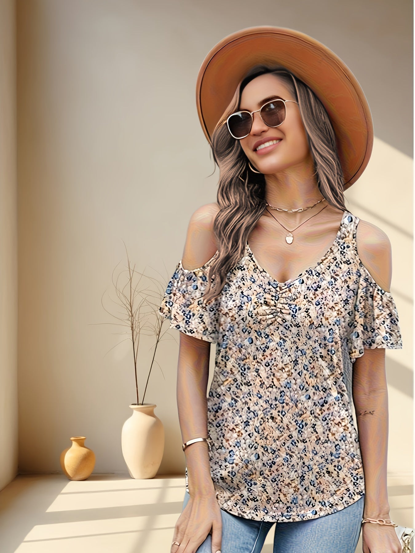 Women'S Summer V-Neck Pleated Floral Print Sexy Off-Shoulder T-Shirt