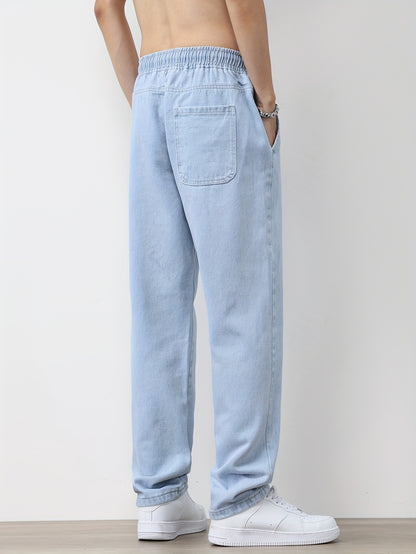 Men's Solid Washed Denim Trousers With Pockets, Causal Drawstring Cotton Blend Barrel Jeans For Outdoor Activities