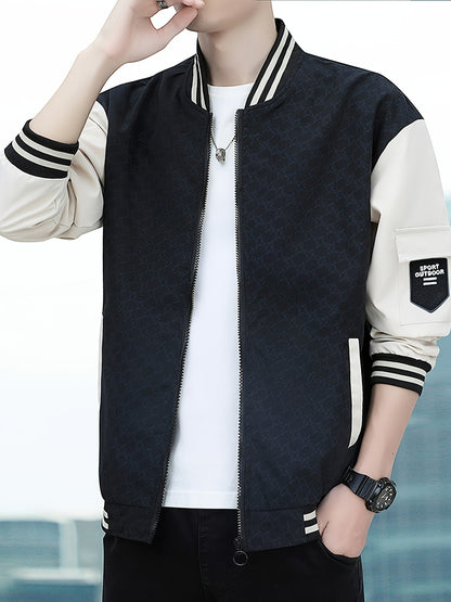 Men'S Lightweight Geometric Pattern Bomber Jacket - Casual Long Sleeve Zip-Up with Pockets, White & Gray, Polyester Lining, Perfect for Fall, Autumn Jacket