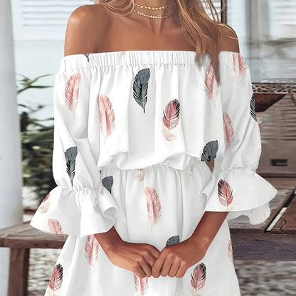 Print Dress for Women - Ruffle Trim, Half Sleeve, Stretchy Polyester Blend, Machine Washable