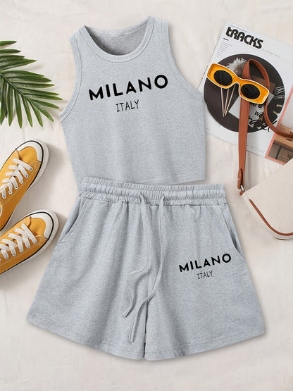 Casual Women's Two-Piece Vest and Shorts Set with Drawstring