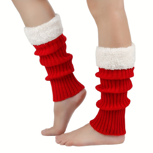 2pcs Women's Thermal Over-the-Knee (OTK) Leg Warmers & Footies - Thick Winter Warmth, Soft Fleece Lining, Red/White Cuff, Hand Washable, Snug Fit for Christmas, Casual & Formal Outfits - Ideal for Cold Weather & Layering, Sol
