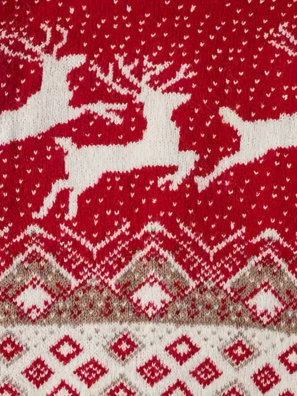 Men's Red & White Nordic Winter Knit Sweater with Reindeer & Snowflake Patterns - Soft Round Neck Long Sleeve Christmas Sweater for Men, Cozy Casual Winter Sweater for Holiday Parties & Casual Attire, Hand Washable, Festive S