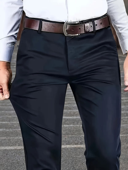 Men's Sleek Stretch Dress Pants - Solid Color Black, Comfort Fit with Subtle Stretch, Polyester Fabric, Mid-Rise, Machine Washable, Perfect for Business Casual & All-Season Wear, Business Casual Pants | Sleek Trousers | Easyc