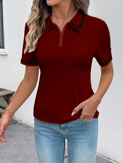 Women's Elegant Black Shirt with White Collar & Cuff Detail - Short Sleeve, Zippered, Stretchy Polyester-Spandex Blend, Machine Washable, Perfect for Casual or Professional Outfits