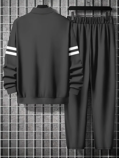 Men's 3D Printed Long Sleeve Sweatshirt and Pants with Zipper, Letter Print Loose Fit Casual Sportswear 2pcs Set for Spring and Autumn