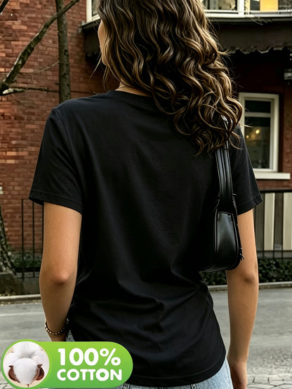 Women's Elegant V-Neck Cotton T-Shirt, Short Sleeve, Regular Fit