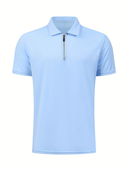 [Golf Apparel] Men's Classic White Shirt - Casual Summer Style with Short Sleeves, Zipper Collar, and Stretch Polyester Fabric - Perfect for Streetwear & Golf