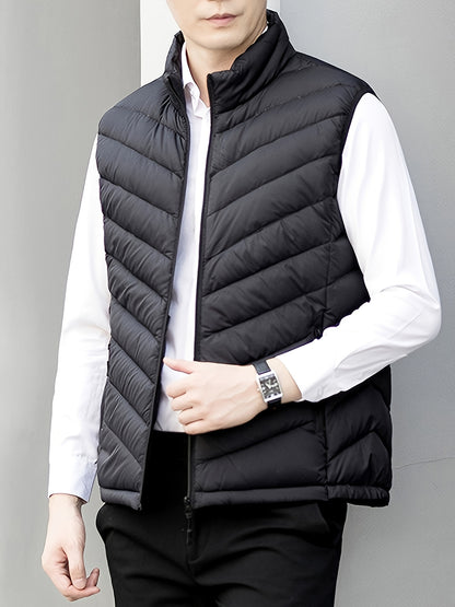 Men's Winter Sleeveless Warm Vest Jacket, Casual Fashion Zippered Multi-Pocket Solid Color Stand Collar Black Thermal Gilet for Autumn/Winter Outdoor Leisure Sports Hiking Lightweight Waistcoat Coat