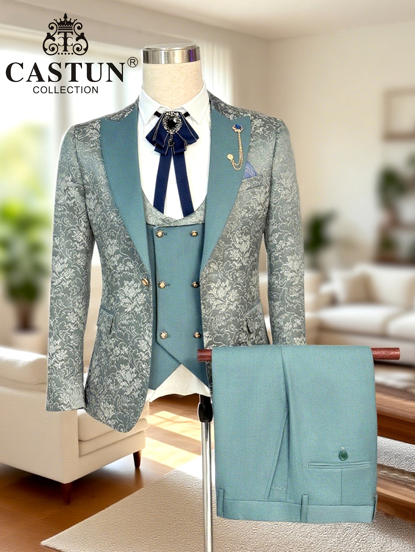 Men's 3-Piece Floral Skinny Fit Suit with Peak Lapels