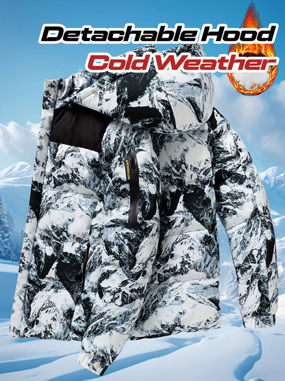 Men's Heavy-Duty Winter Thermal Hooded Jacket - Full-Zip Windproof Coat with Detachable Hood, Full-Zip Front Closure, Zipper Pockets - Machine Washable Cold Weather Jacket for Skiing, Snowboarding, Outdoor Activities - Camouf