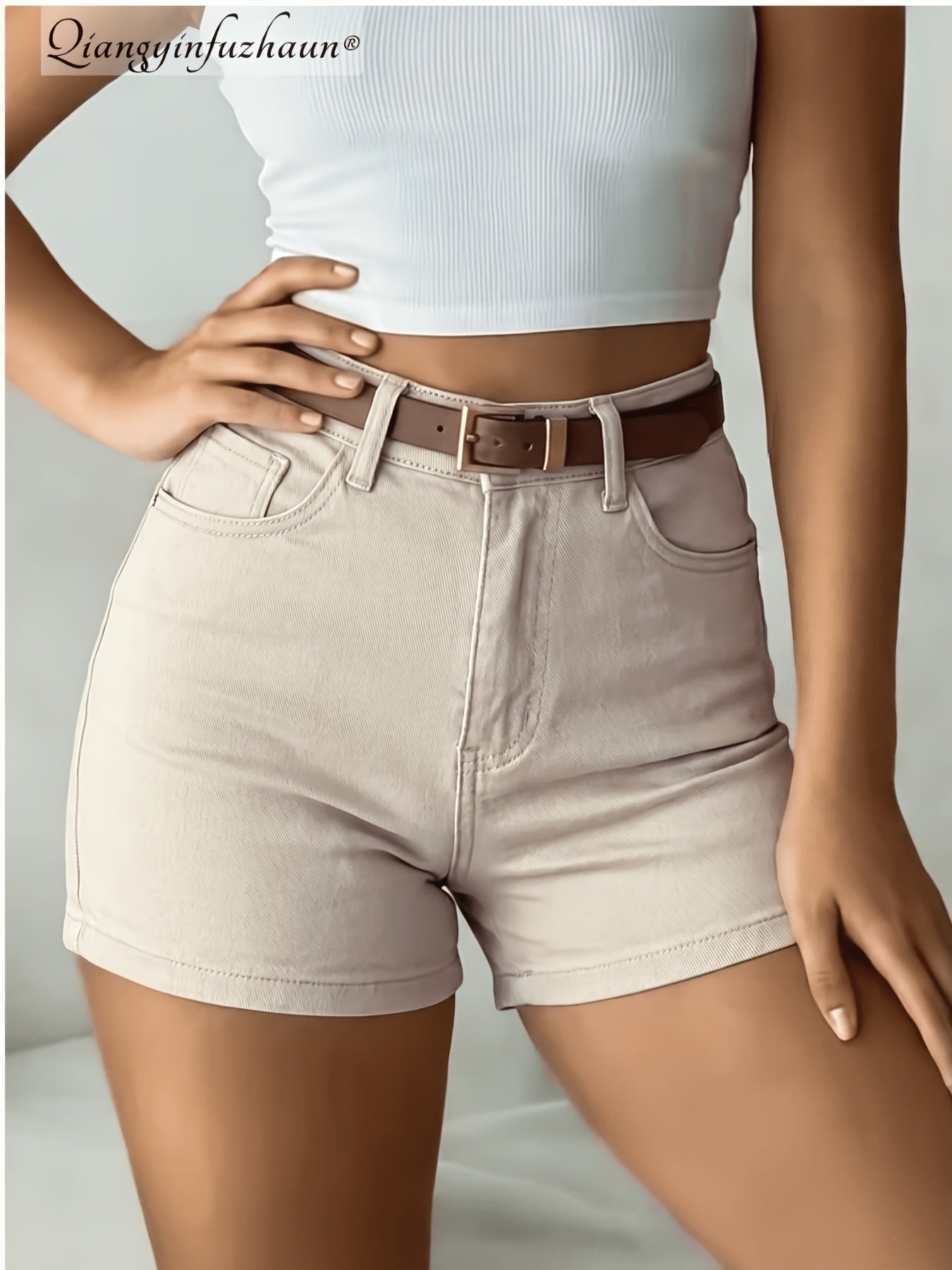 Women's Mid-Waist Stretch Khaki Denim Shorts for Summer