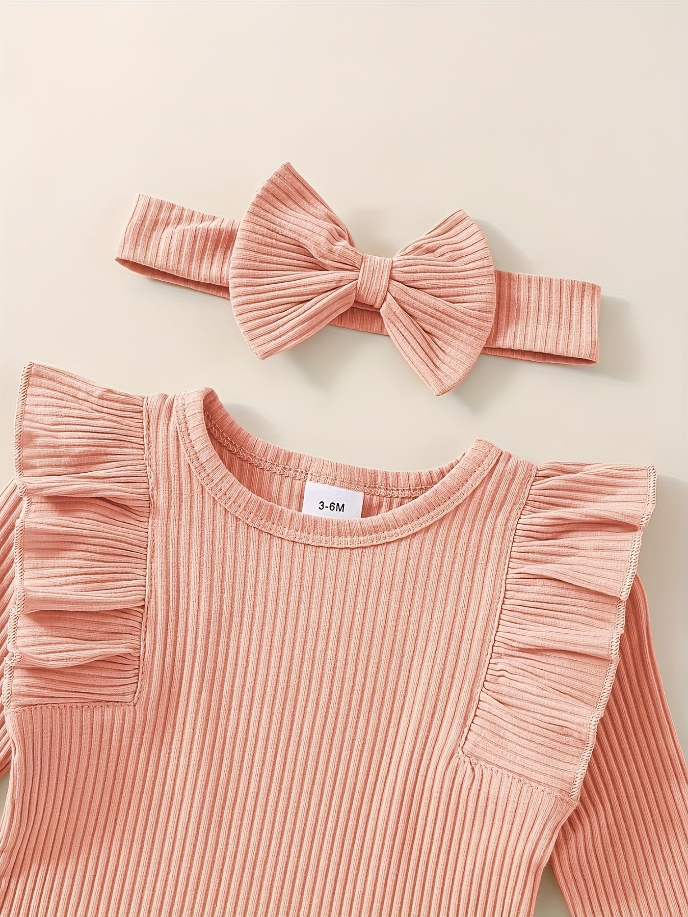 3pcs Baby Girl Outfit Set, Cute Ribbed Ruffle Long Sleeve Romper & Pants, 95% Cotton 5% Spandex, Crew Neck Pullovers, Solid Color, Regular Fit, No Belt, Fall/Winter Knit Fabric, 0-18 Months, for Outdoor