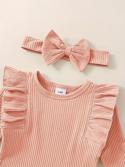 3pcs Baby Girl Outfit Set, Cute Ribbed Ruffle Long Sleeve Romper & Pants, 95% Cotton 5% Spandex, Crew Neck Pullovers, Solid Color, Regular Fit, No Belt, Fall/Winter Knit Fabric, 0-18 Months, for Outdoor