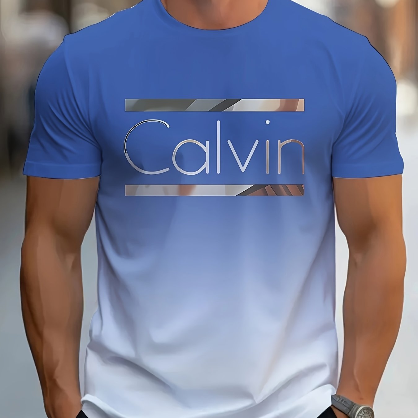 Men'S "Calvin" Graphic T-Shirt - Casual 3D Print Letter Tee with Geometric Design, Short Sleeve, Round Neck, Light Blue, Perfect for Summer, Everyday  Sportswear, Casual Wear Tee   Modern Casualwear   Comfortable Fit