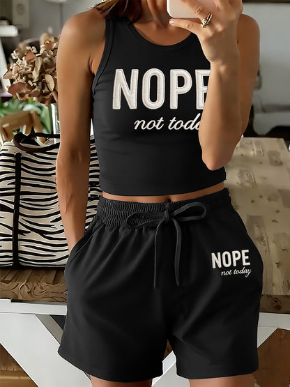 Casual Printed Vest and Shorts Set with Drawstring Pockets
