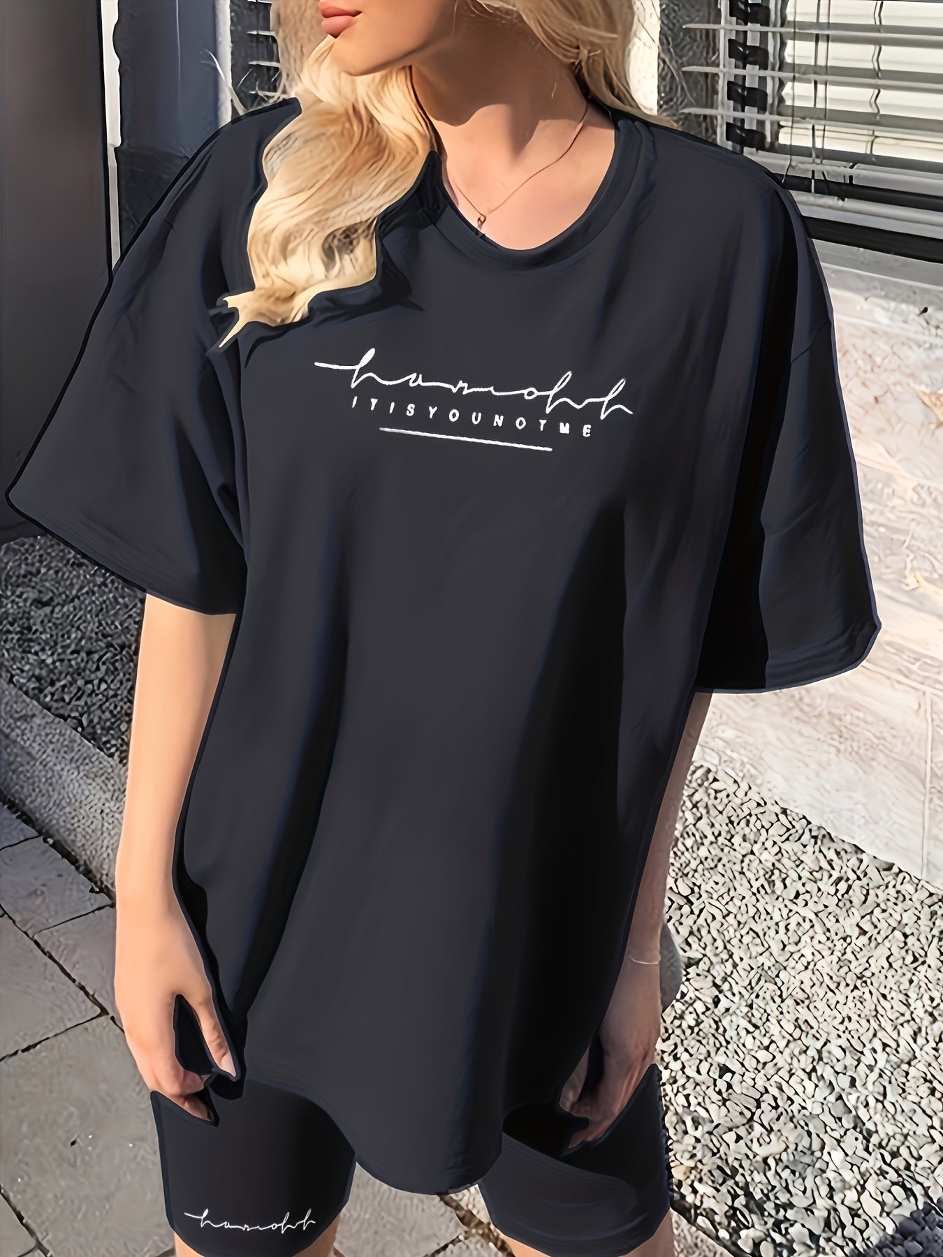 Women's Chic Lavender Letter Print Casual T-Shirt & Shorts Set - Comfy Polyester, Mid-Stretch Fabric, Round Neck, Machine Washable - Perfect for Spring/Summer