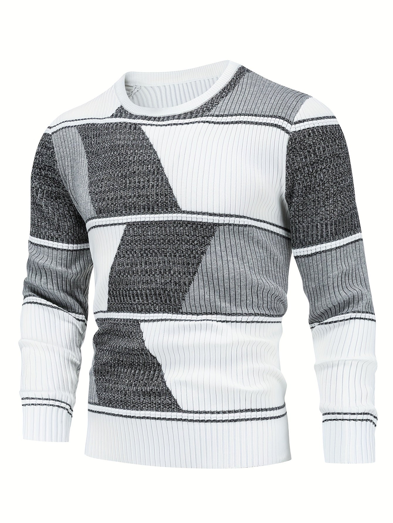 Men'S Casual Long Sleeve Crew Neck Sweater - Geometric Stripe Pullover with, Stripes, Medium Stretch Knit Sweater for Fall/Winter