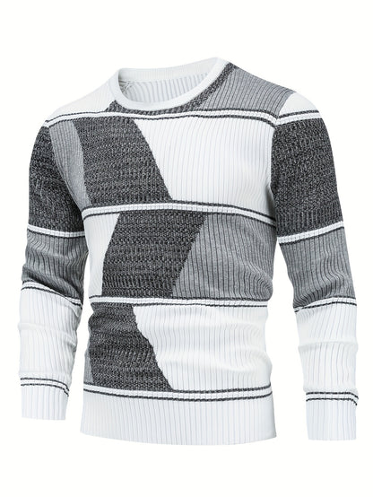 Men'S Casual Long Sleeve Crew Neck Sweater - Geometric Stripe Pullover with, Stripes, Medium Stretch Knit Sweater for Fall/Winter