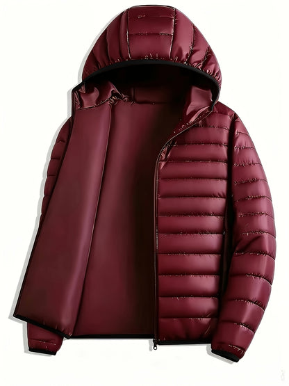 Men's Casual Hooded Padded Coat - Warm Polyester Outerwear