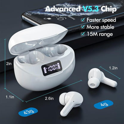 Wireless Earbuds Bluetooth Headphones 50H Playback Ear Buds with IPX7 Waterproof, HD Microphone, LED Display for Iphone and Andriod White