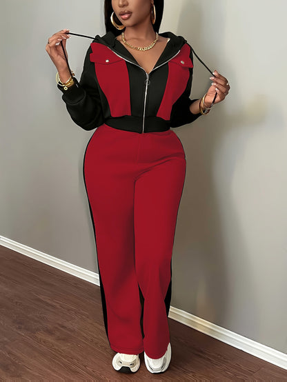 Women’s Color Block Hooded Sweatshirt and Pants Set for Fall-Winter - ayq