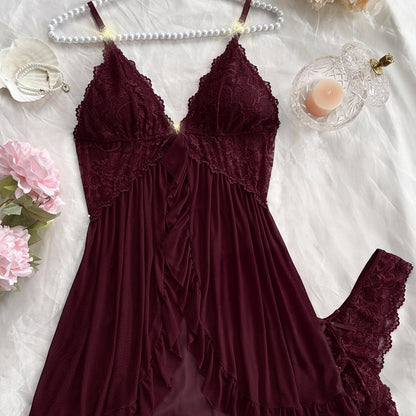 Sexy and Romantic Sleepwear Set, Solid Color Lace Camisole with Matching Panties, V-Neck Design Accentuating Elegant Neckline, Delicate Lace Pattern for Softness. Flared Hem and Ruffled Front Add Graceful Charm, Perfect for a