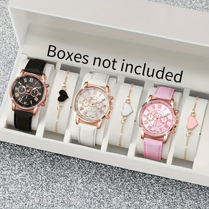 Chic 6pcs Quartz Watch Set with Faux Leather Straps & Heart Charm Bracelets - Perfect Gift for Valentine's, Easter, Birthdays & Christmas