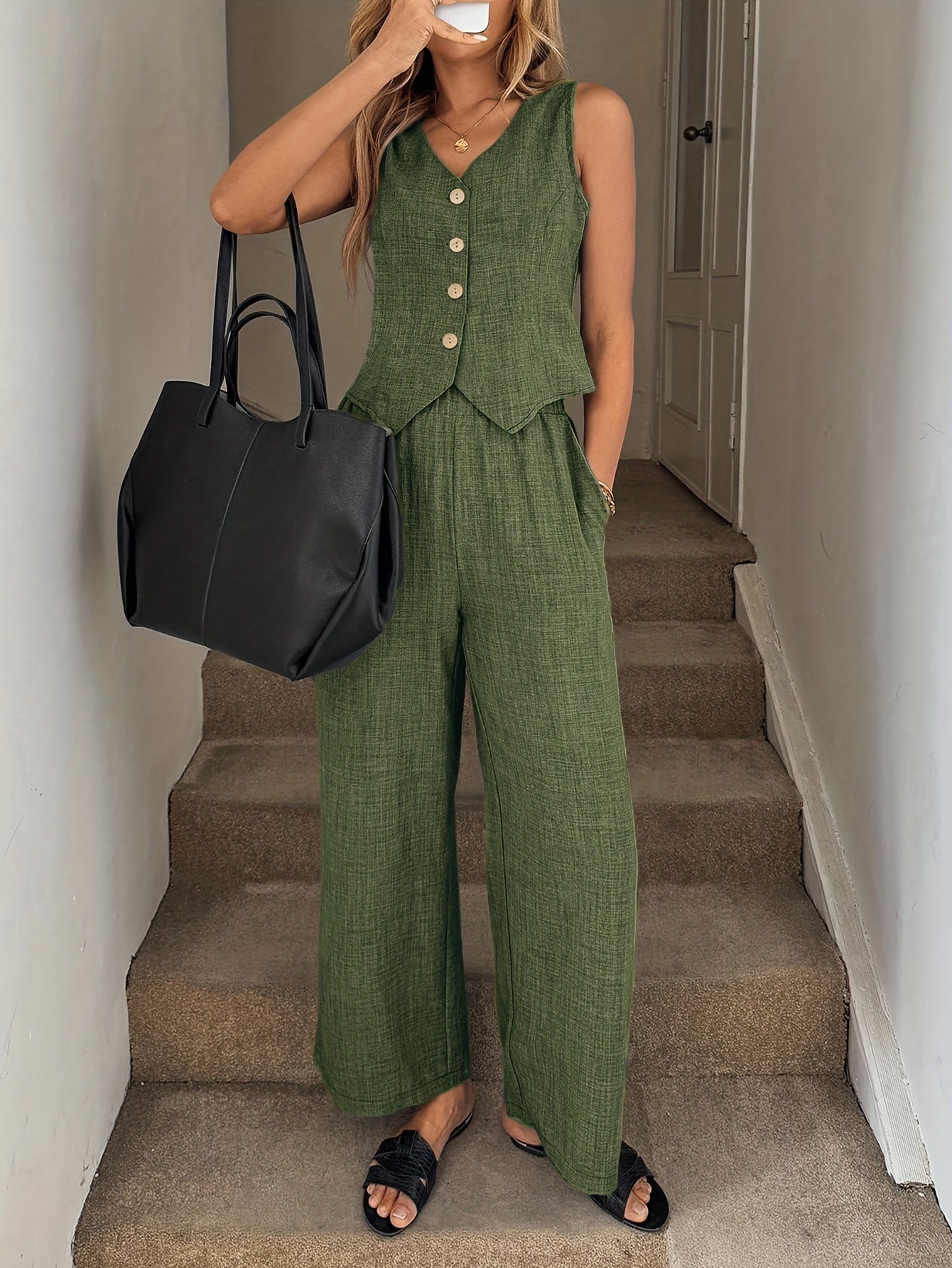 Women's Elegant Sleeveless Vest and Long Pants 2-Piece Set