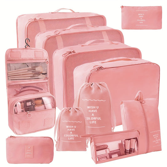 7pcs Pink Travel Organizer Set - Durable Polyester Packing Cubes with Inspirational Quotes, Includes Clothes, Underwear, Shoe, Cosmetic & Toiletry Bags for Efficient & Stylish Storage