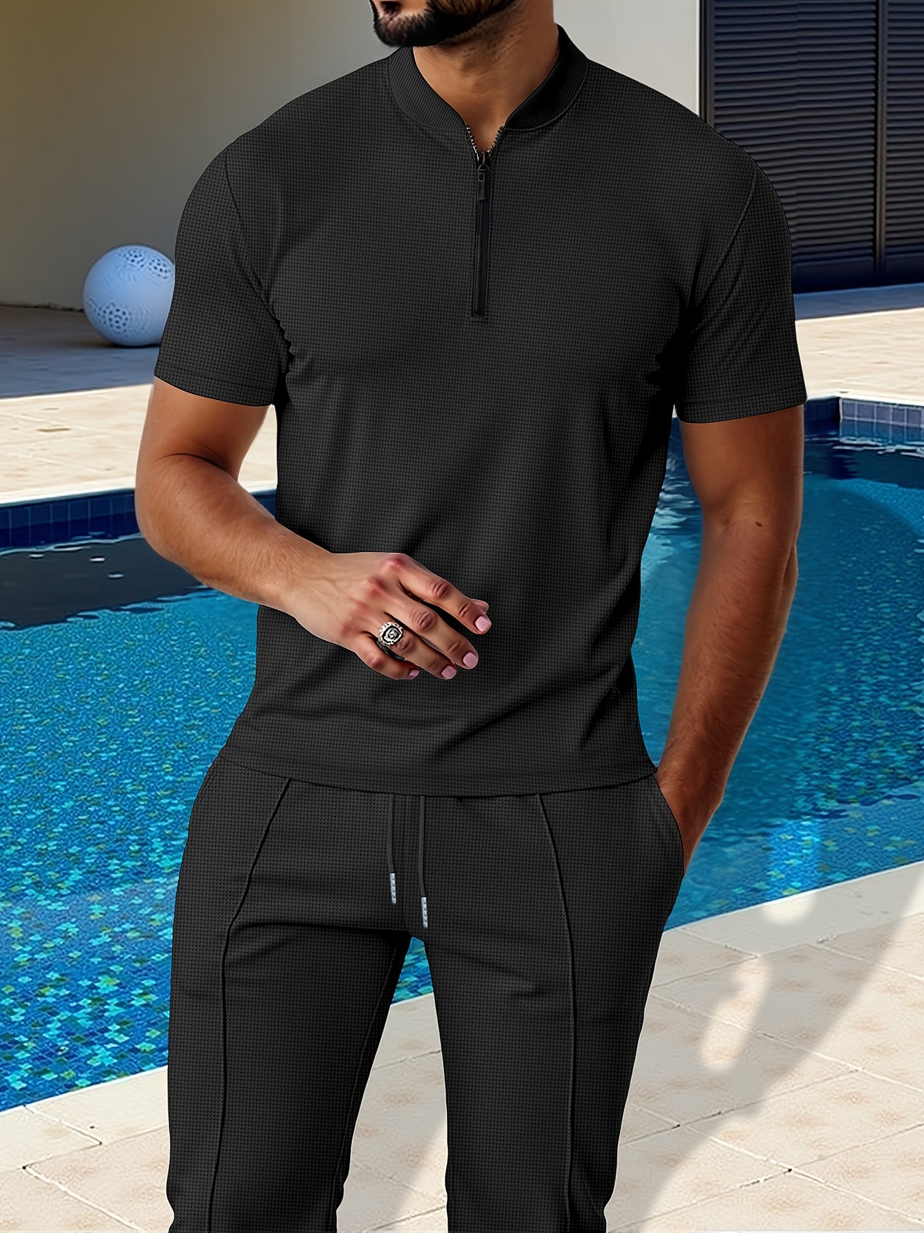 Men's Waffle Knit Zipper Shirt, Rib Collar Short Sleeve T-Shirt, Casual Breathable Summer Top - ayq