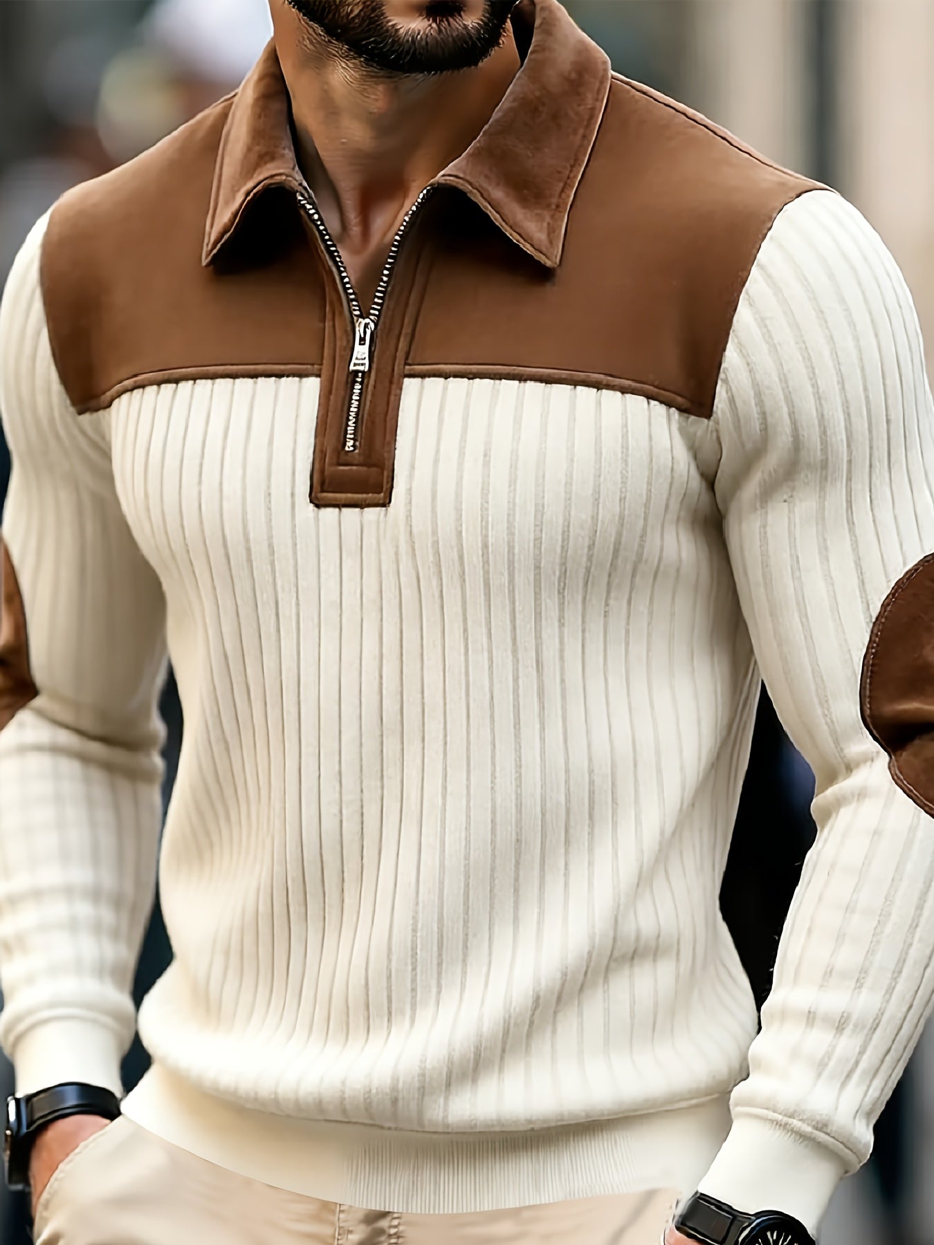 Men's Autumn Winter Color Block Pullover Sweater with Lapel - ayq